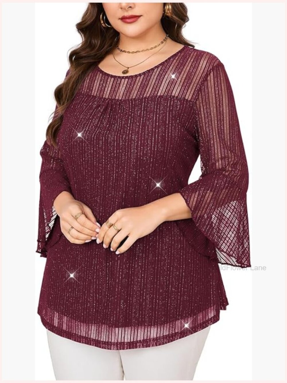 Plus Size Sparkly Mesh Tunic Top 3/4 Ruffle Sleeve Crew Neck T-Shirt Blouse